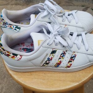 Adidas White Superstar Sneakers with Artistic Stripes